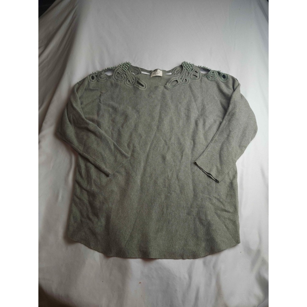 Ember Sage Green Crochet Cutout Pearl Embellished Knit Sweater Womens Large